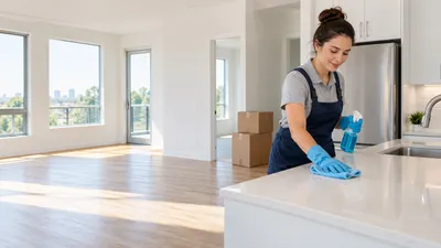 A cleaner wiping down the kitchen counter of an empty apartment
