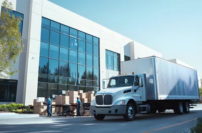 Commercial moving truck outside an office building being loaded with boxes