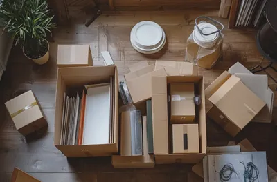 Flat lay of packing boxes and materials ready for a move